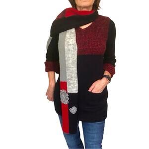 Style & Co Red Black Tunic Sweater and Scarf V Neckline Front Patch Pockets